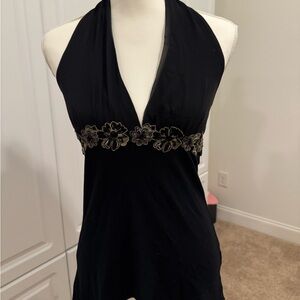 Black Halter Top with Floral Embroidery